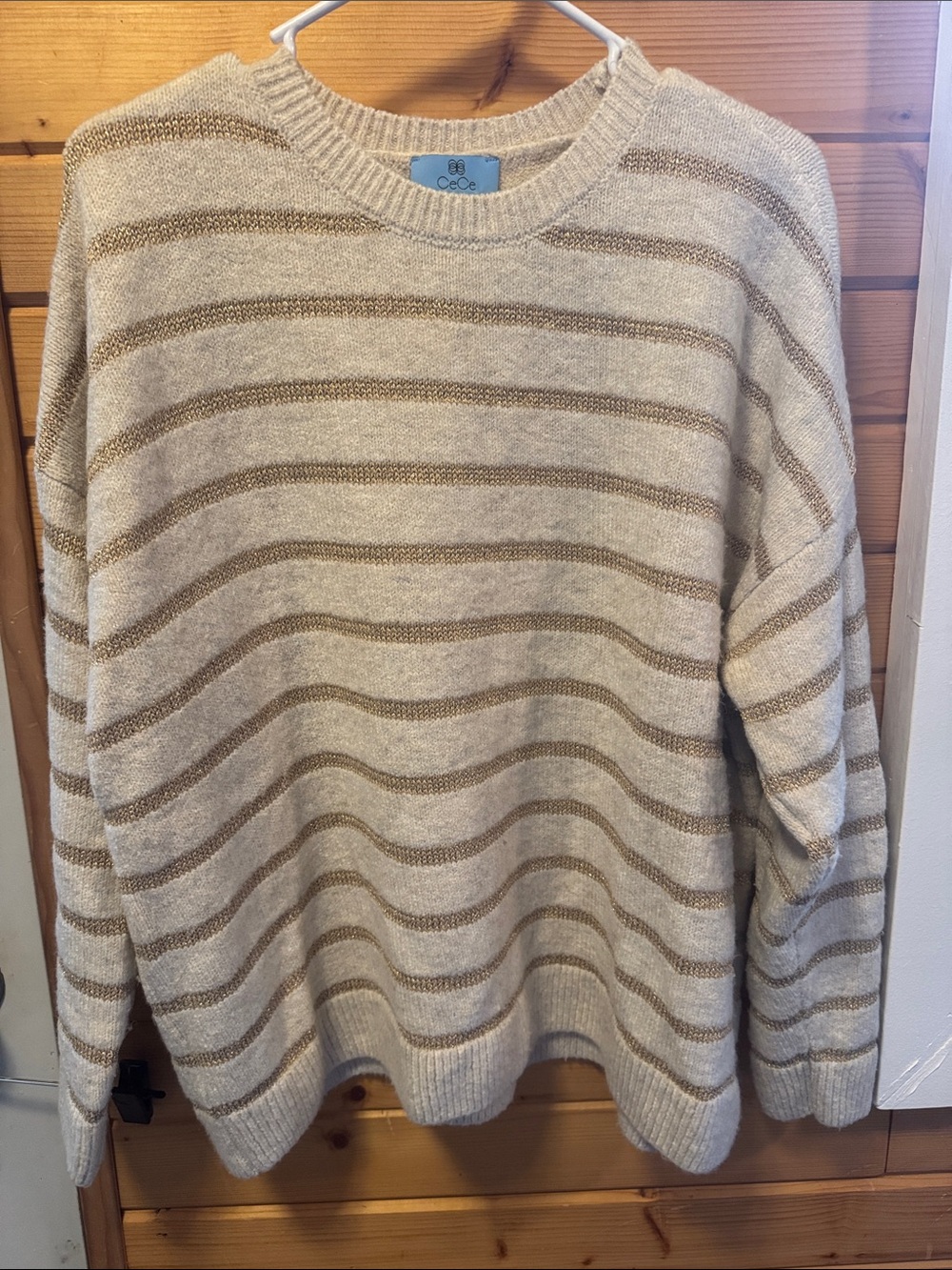 CeCe Cream and Tan Striped Crewneck Sweater